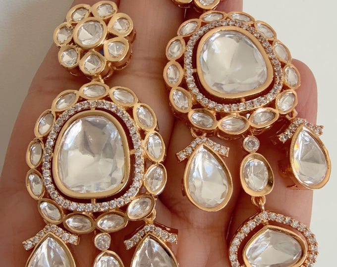 Moissanite Gold  kundan  Earrings/Elegant Statement Jewelry/Antique Gold Finish Moissanite Polki Earrings/Bridal Diamond earrings
