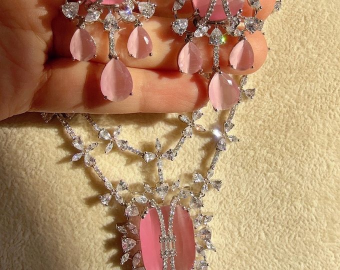 Rdodium silver Baby pink diamond double strand Necklace set/Indian jewelry/Bridal choker/ Indian Necklace/Baby pink diamond choker