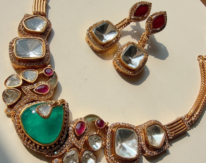 Fine Gold Finish Doublet Stones Uncut Moissanite Kundan Ruby green Peacock necklace/bridal Moissanite Kundan Necklace /Indian Bridal Jewelry