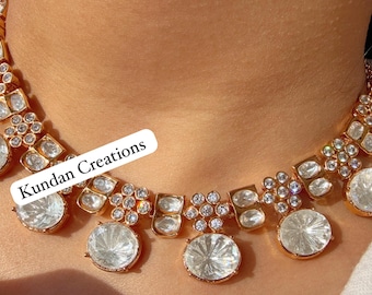Moissanite necklace Set/Kundan Moissanite studs with Necklace/ Delicate diamond necklace/Kundan Wedding Jewelry
