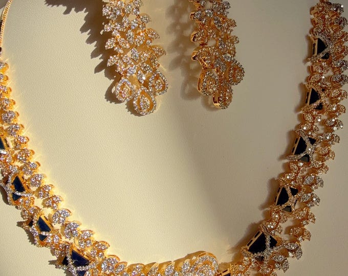 2 tone  Diamond Sapphire blue  Necklace  /Indian jewelry/ CZ green 2 tone Choker/Bridal diamond choker/Indian Necklace/ diamond necklace