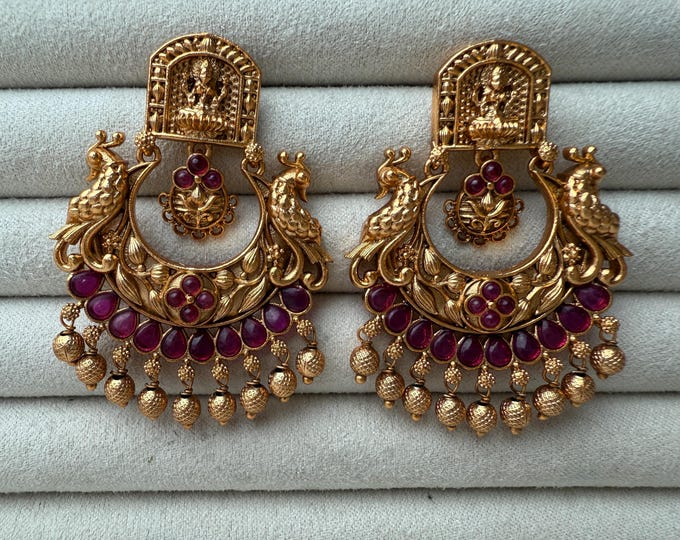 Kemp Gold plated Ruby  chandbali jhumka /gold plated Earrings  / Bridal temple gold Jhumkas /Indian wedding/Kundan Jhumka/