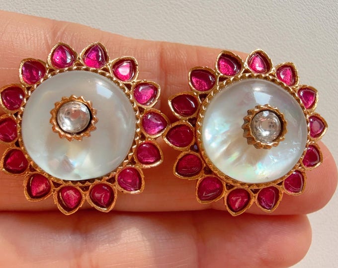 Mother of pearl Ruby Doublet stud  Earrings/Moissanite  diamond Kundan Studs /Indian Jewelry /Statement Stud Earring/Indian studs
