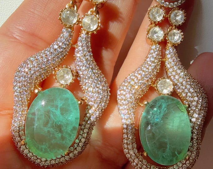 Sabyasachi-Inspired Diamond Doublet Mint kundan Earrings/ Statement Jewelry/Diamond Moissanite doublet clubbed together Earrings/