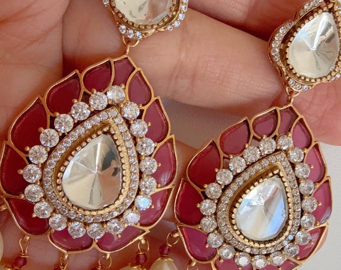 Sabyasachi-Inspired Moissanite Ruby kundan Earrings/Elegant Statement Jewelry/Gold Finish Moissanite Polki Earrings/Bridal Diamond earrings