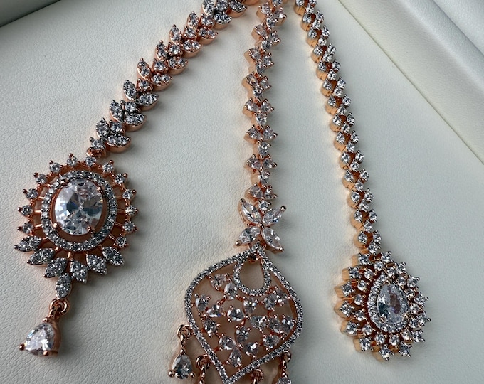 American Diamond Rose gold  Maang tikka/ Indian Wedding Jewelry/ / Matha patti/ Indian forehead jewelry/Indian rose gold  Jewelry