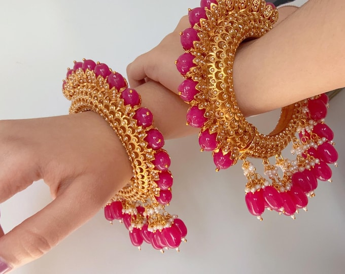 Rani Pink Rajwadi Kada with jhumka / Sangeet Reception Kada/ Emerald Rajwadi Kada /Indian Wedding jewelry/Ruby Kundan bridal bangles