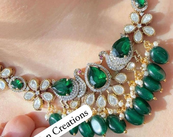 Antique Gold Emerald green  diamond peacock Necklace /Indian jewelry/ CZ Choker/Bridal choker/ Indian Necklace/Antique  green diamond choker