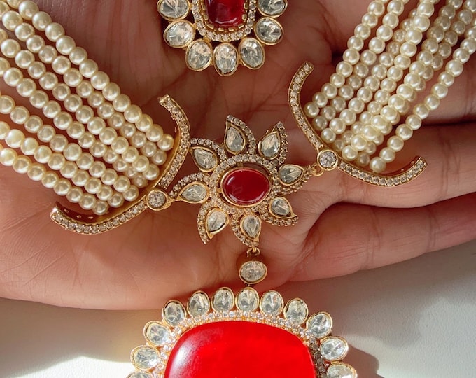 Ruby Doublet Moissanite Pearl necklace set/ Kundan  choker/ Moissanite  Necklace Set/Ruby Doublet Pearl Elegance together