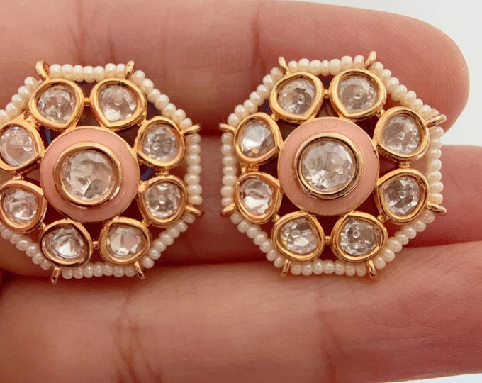 Kundan Stud Diamond Earrings /Indian Studs/Indian Jewelry/Peach  Studs/Statement Stud Earring/Kundan Stud Earrings