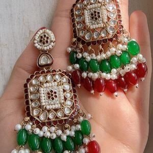 Ruby Green  Kundan Chandbali Earrings | Indian Bridal Chandbali | Traditional Wedding Jewelry | Statement Kundan Earrings