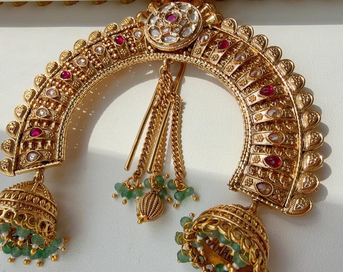 Indian Hair Jewelry|/Bridal Antique Ruby Green bridal  Hair Brooch /Gold Hair Bun Pin |Juda Pin/ Traditional U Pin |Bridal/Hair Clip/