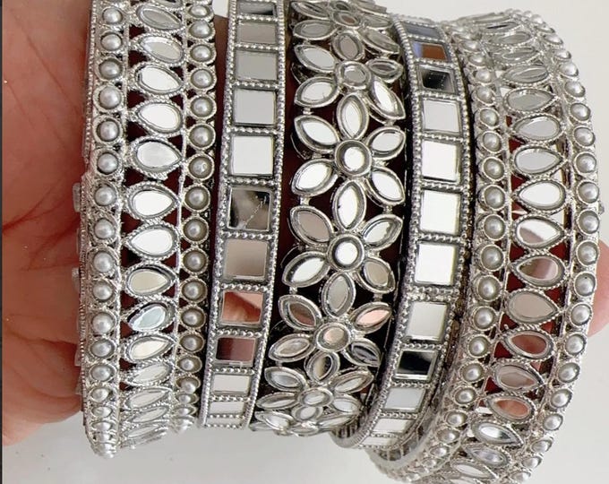 Punjabi Mirror chuda Silver bangles set/Punjabi Mirror silver bangles set/Kangans/Statement bangles/Indian jewelry/wedding jewelry/