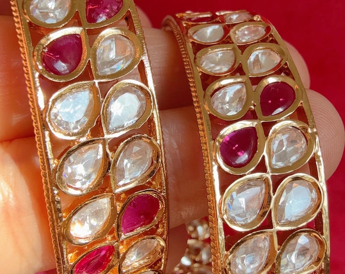 Openable Moissanite gold Ruby  kundan bridal Polki wide kada Bangles / Cz stone Moissanite kada /Indian Jewelry /bridal kundan kada bangles