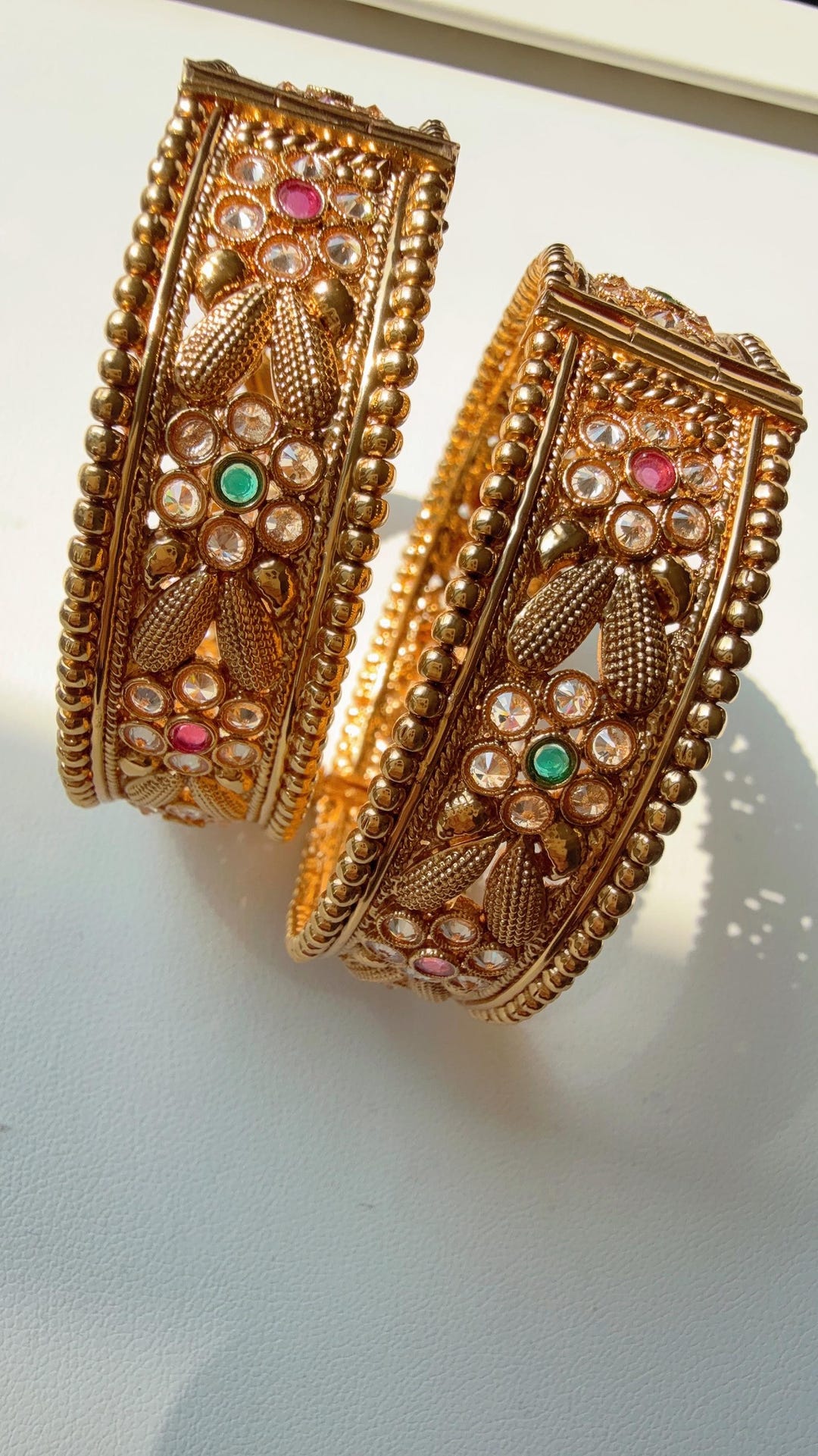 Tangles Gold Traditional Gold Plated Kada Bangles Set of 2 | Antique Kundan Style ...