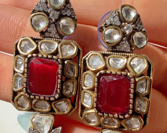Victorian Diamond Moissanite  Stud Earrings/Moissanite  diamond Kundan Studs /Indian Jewelry /Statement Stud Earring/