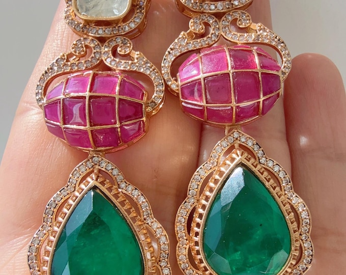 Sabyasachi-Inspired Moissanite  Rani Pink Green  Earrings/Elegant Statement Jewelry/ Moissanite Green  Earrings/Bridal Diamond earrings