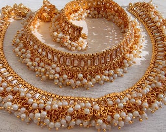 Perły Chandni Payal/Indyjskie bransoletki na kostkę/Złota bransoletka na kostkę Payal/Bridal bransoletka na kostkę/Payal/Panjeb/Biżuteria indyjska/Para pozłacanych bransolet payal