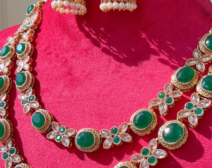 Double layer Polki Kundan  Kundan Necklace Set  jhumka  /Kundan necklace/Indian necklace/Indian wedding jewelry/ kundan green necklace set