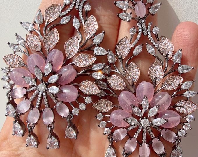Lightweight Rose Gold black  CZ  diamond  Chandelier Earrings/Diamond Chandelier Rose gold  Baby pink  Earrings/Flower Drop Dangle Earrings