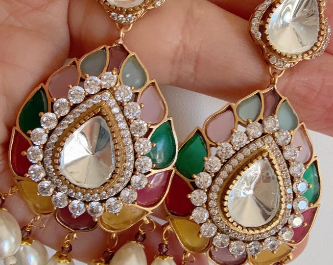 Sabyasachi-Inspired Moissanite Multi kundan Earrings/Elegant Statement Jewelry/Gold Finish Moissanite Polki Earrings/Bridal Diamond earrings