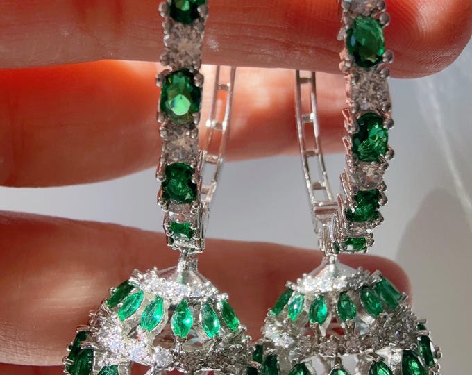 Silver green bali hoops jhumka Earrings/ Indian Jewelry Indian Earrings/American Diamond green jhumka/CZ Earrings/Indian jhumka