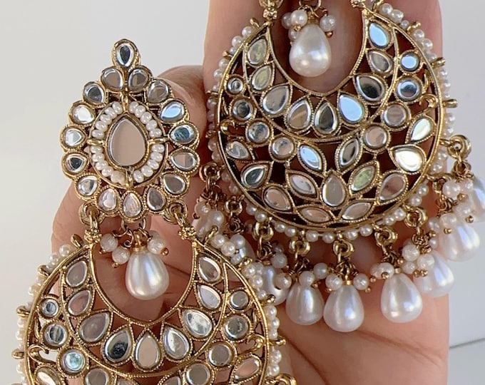 Mirror chandbali earrings/Kundan Earrings /Statement earrings /Bridal earrings/Pearl drop earrings/Mirror Jhumka /Bridesmaid Earrings