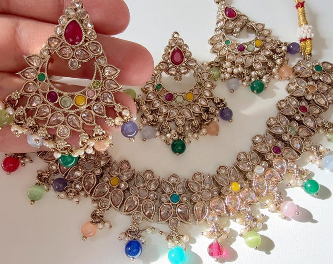 Antique Multi kundan  Polki Kundan  necklace  Set Chandbali and Tikka  /bridal necklace/Indian wedding jewelry/Bridal necklace set/