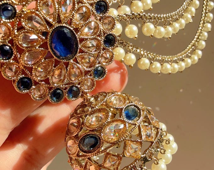 Bahubali Polki  kundan BlueJhumka Earrings with detachable ear chains /Bahubali Kundan Jhumka With Earchain Sahare /Indian Jewelry/