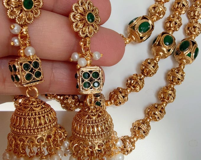 3 Layer Indian necklace / Gold Ball green Necklace/Long Gold necklace/Beaded gold chain/Matar Mala/Bridal Indian necklace/Gold necklace
