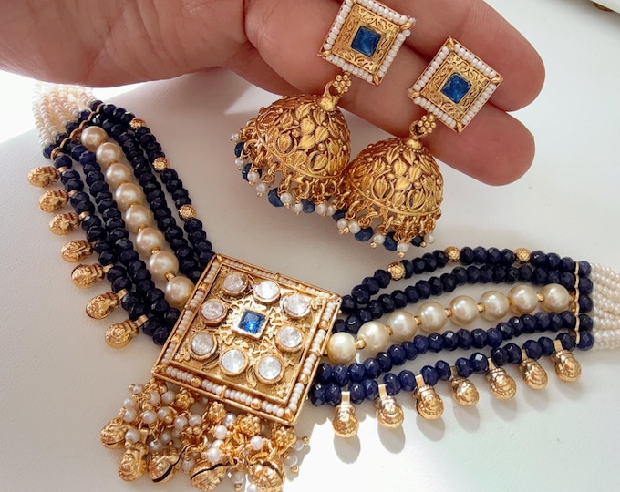 Blue Kundan polki choker with jhumka set /Rajwadi finish blue Choker Necklace /Temple jewelry/Indian jewelry/Indian Wedding Ruby jewelry