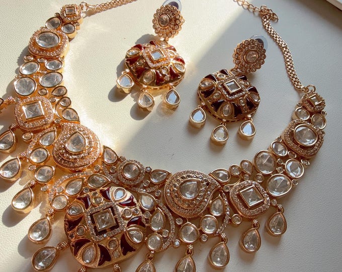 Sabyasachi Inspired Moissanite Polki Kundan necklace set/Bridal heavy look Moissanite   necklace Next to real set /Diamond Burgundy Necklace