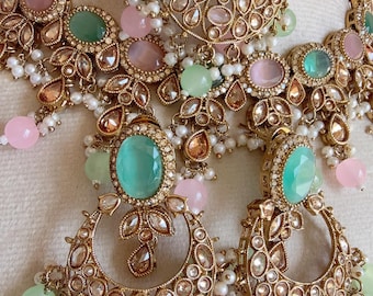 Mint Pink Kundan Polki Necklace Set, Antique Gold Indian Bridal Jewelry Set, Wedding Statement Necklace, Bridesmaid Jewelry - Tara