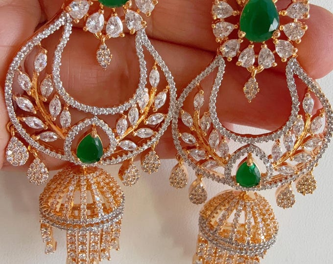 2 Tone emerald green Luminous  jhumka Earrings next to real/Indian Jewelry Indian Earrings/American Diamond jhumka/CZ Earrings/Indian jhumka