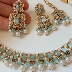 Antique  kundan  Polki Kundan Mint necklace  Set /bridal necklace/Indian wedding jewelry/Wedding necklace set with Earrings and Tikka set