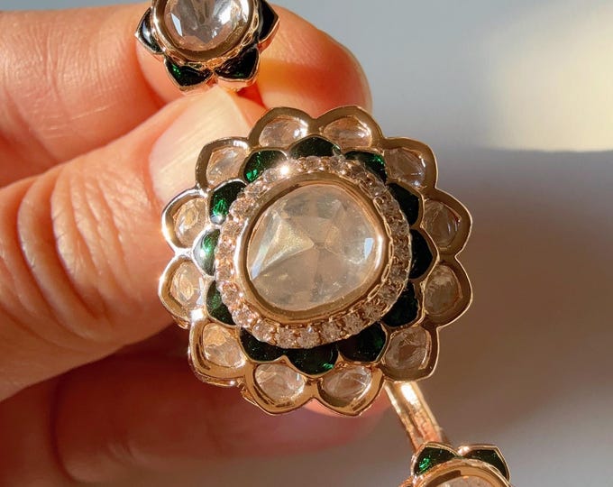 Bridal Kundan Moissanite Meenakari Ring/green bridal Ring/Double Finger Kundan Statement Ring /Two Finger Kundan ring