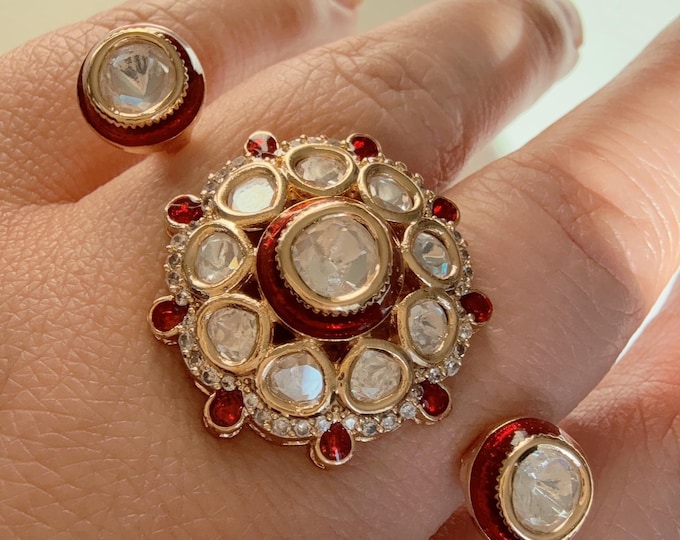 Bridal Kundan Moissanite  Ruby Ring/green bridal Ring/Double Finger Kundan Statement Ring /Two Finger Kundan ring