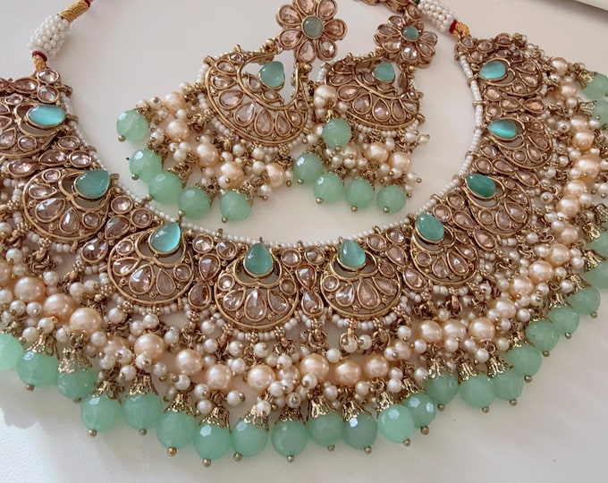 Antique Mint kundan  Polki Kundan  necklace Set /bridal necklace/Indian wedding jewelry/Bridal necklace set/Indian wedding Necklace