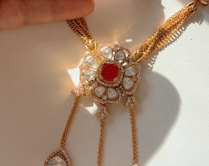 Ruby white  classy combination Moissanite  Long necklace chain Set/Kundan Moissanite Necklace/Indian Bridal Jewelry/Kundan Wedding Jewelry