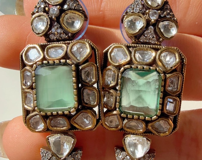 Victorian Diamond Moissanite Mint Stud Earrings/Moissanite  diamond Kundan Studs /Indian Jewelry /Statement Stud Earring/