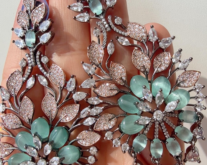 Lightweight Rose Gold black  CZ  diamond  Chandelier Earrings/Diamond Chandelier Rose gold Mint Earrings/Flower Drop Dangle Earrings
