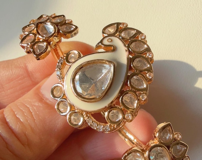 Bridal Kundan Moissanite Meenakari peacock Ring/Gold bridal Ring/Double Finger Kundan Statement Ring /Two Finger Kundan ring