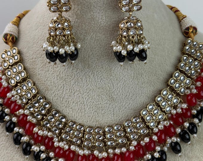 Dual shade Black Antique Polki Kundan choker Set/Kundan Mint pink  Choker/Indian wedding jewelry/Bridal necklace set/Mint pink Necklace