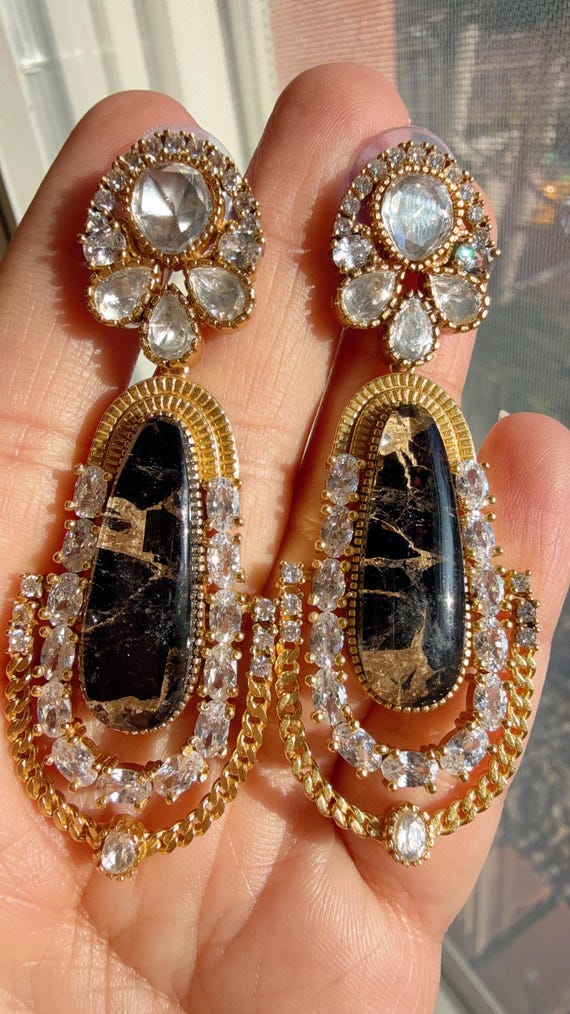 Kiran Sabyasachi-Inspired Moissanite Black Earrings/Elegant Statement Jewelry/ Moissanite  Earrings/Bridal Diamond earrings