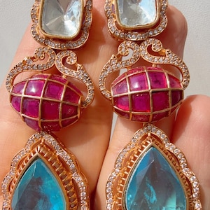 Sabyasachi-Inspired Moissanite kundan Earrings/Elegant Statement Jewelry/Ruby Turquoise  Moissanite  Earrings/Bridal Diamond earrings