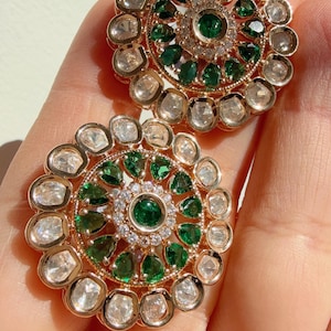 Kriti Moissanite  Kundan Emerald green Studs /Indian Jewelry /Statement Stud Earring/Kundan Stud Earrings/Cz Studs/Diamond Studs