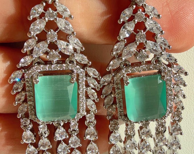 Diamond Chandelier Mint  Earrings / Indian Jewelry Indian Earrings/American Diamond jhumka/CZ Earrings/Indian jhumka