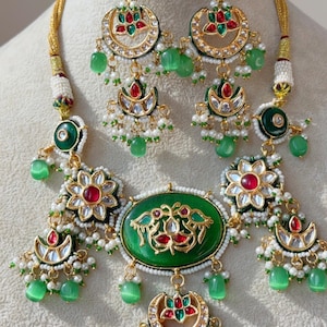Green  Diamond Choker Moissanite Polki Necklace Sabyasachi inspired Jewelry Set/Baby pink Kundan Necklace earrings and tikka set