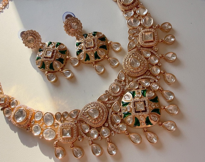 Sabyasachi Inspired Moissanite Polki Kundan necklace set/Bridal heavy look Moissanite   necklace Next to real set /Diamond Emerald  Necklace