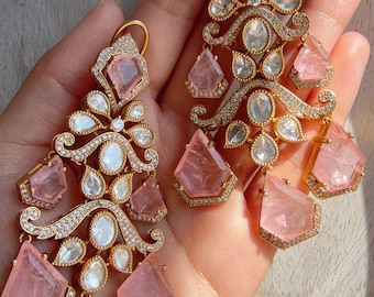 Statement Moissanite Baby Pink doublet Earrings/Elegant Long Drop Large  Earrings |/kundan Earrings/Sia Bridal Diamond earrings